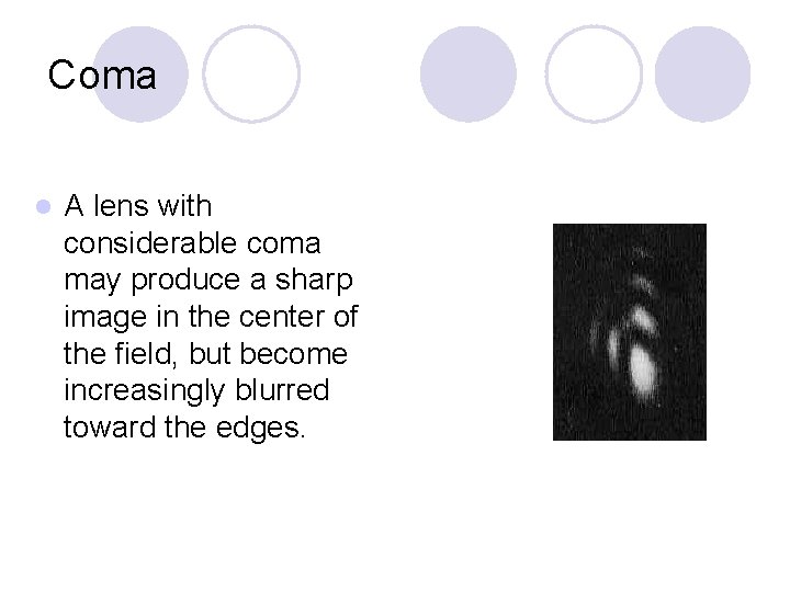 Coma l A lens with considerable coma may produce a sharp image in the