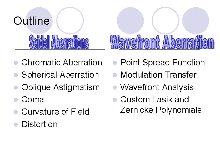 Outline l l l Chromatic Aberration Spherical Aberration Oblique Astigmatism Coma Curvature of Field