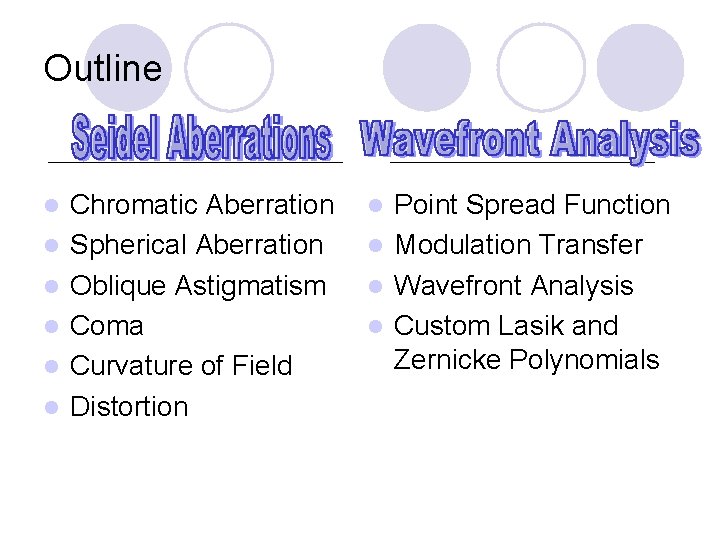 Outline l l l Chromatic Aberration Spherical Aberration Oblique Astigmatism Coma Curvature of Field
