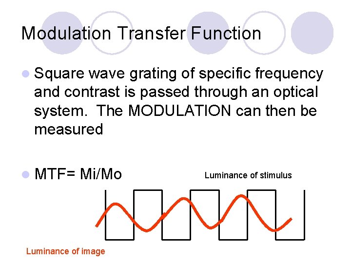 Modulation Transfer Function l Square wave grating of specific frequency and contrast is passed