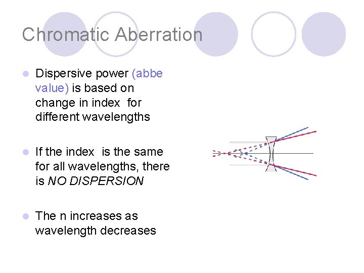 Chromatic Aberration l Dispersive power (abbe value) is based on change in index for