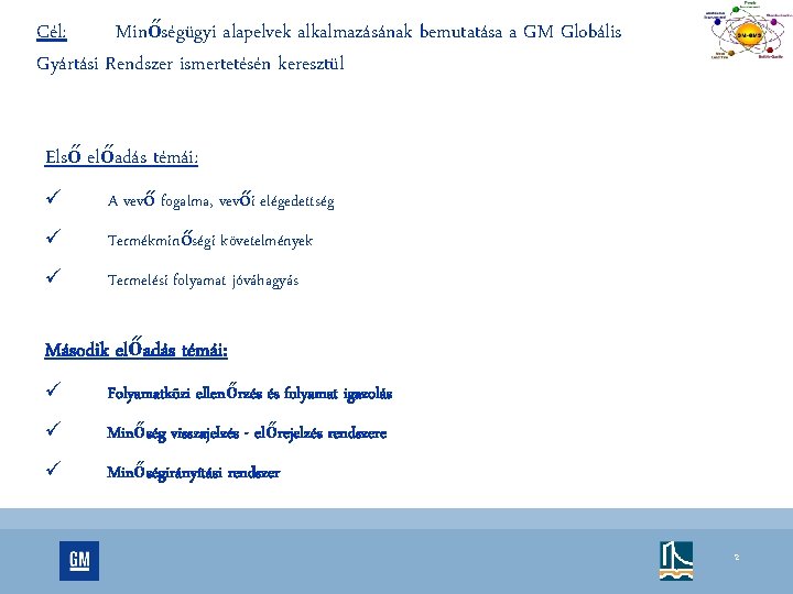 Cél: Minőségügyi alapelvek alkalmazásának bemutatása a GM Globális Gyártási Rendszer ismertetésén keresztül Első előadás