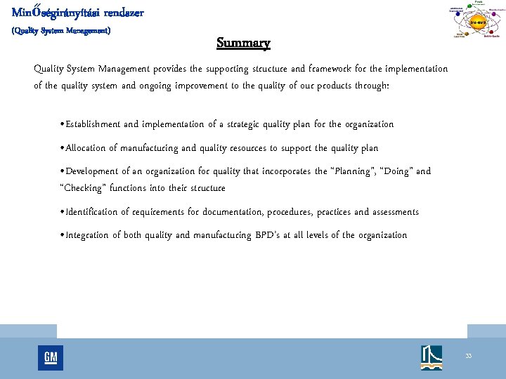 Minőségirányítási rendszer (Quality System Management) Summary Quality System Management provides the supporting structure and