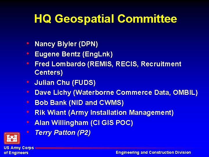 HQ Geospatial Committee • • • US Army Corps of Engineers Nancy Blyler (DPN)