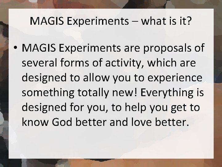 MAGIS Experiments – what is it? • MAGIS Experiments are proposals of several forms