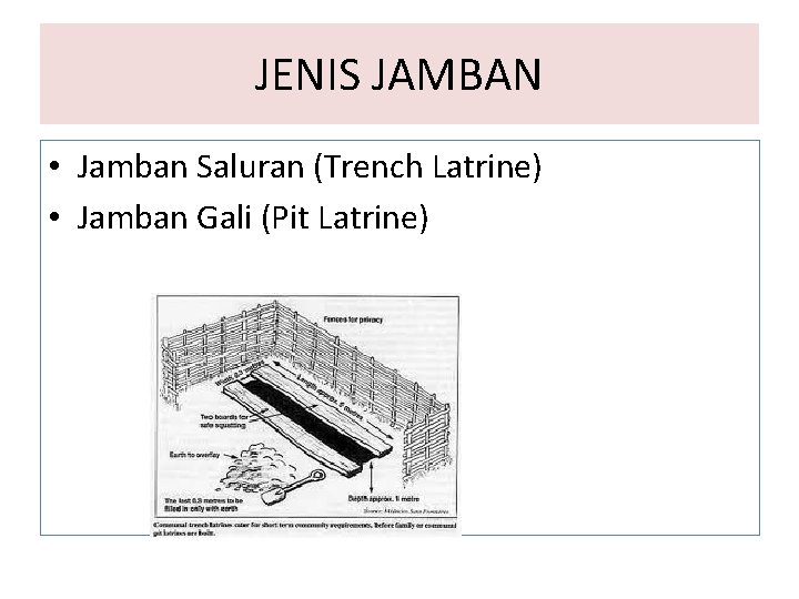 JENIS JAMBAN • Jamban Saluran (Trench Latrine) • Jamban Gali (Pit Latrine) 