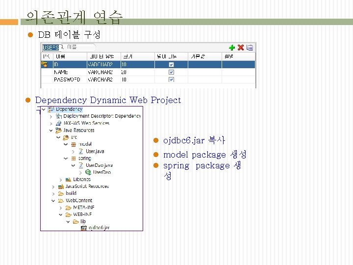 의존관계 연습 l DB 테이블 구성 l Dependency Dynamic Web Project 구성 l ojdbc 의존관계 연습 l DB 테이블 구성 l Dependency Dynamic Web Project 구성 l ojdbc