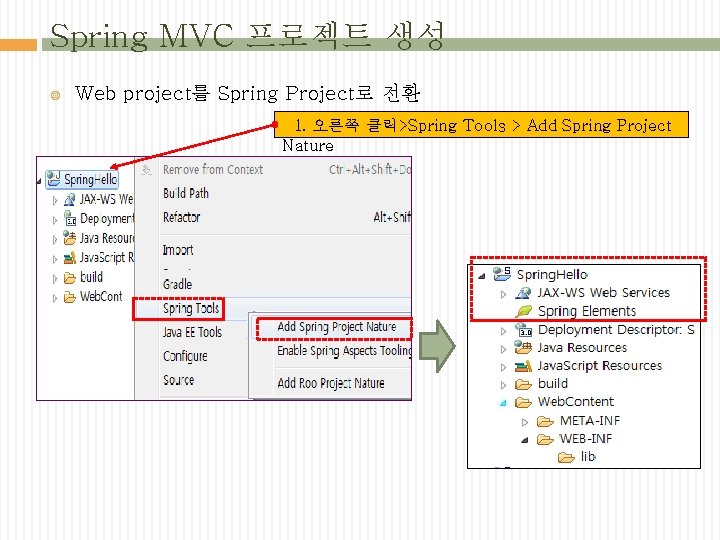 Spring MVC 프로젝트 생성 Web project를 Spring Project로 전환 1. 오른쪽 클릭>Spring Tools > Spring MVC 프로젝트 생성 Web project를 Spring Project로 전환 1. 오른쪽 클릭>Spring Tools >