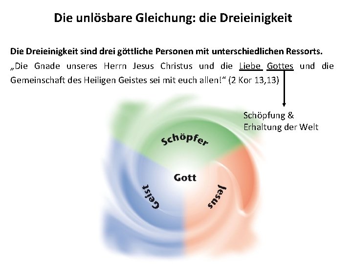 Die unlösbare Gleichung: die Dreieinigkeit Die Dreieinigkeit sind drei göttliche Personen mit unterschiedlichen Ressorts.