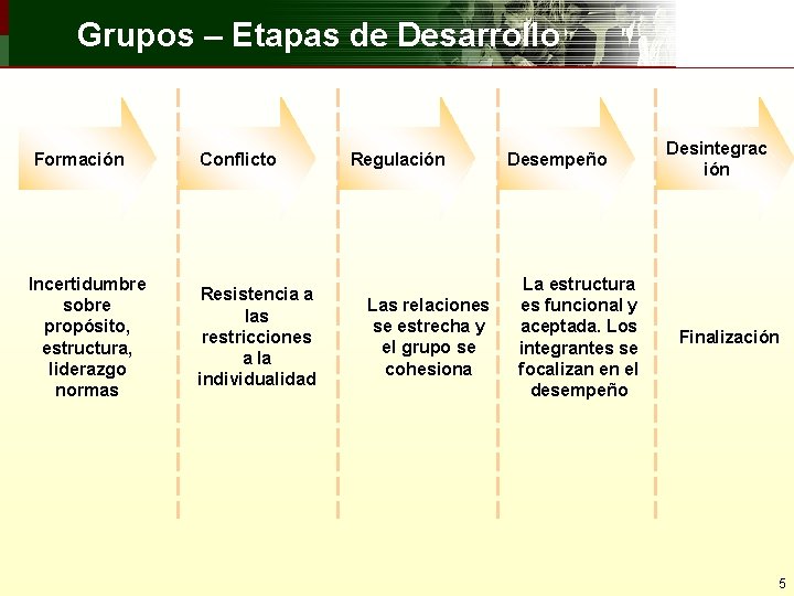 Grupos – Etapas de Desarrollo Formación Conflicto Incertidumbre sobre propósito, estructura, liderazgo normas Resistencia