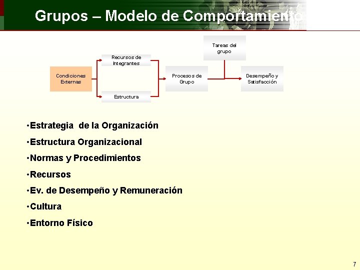 Grupos – Modelo de Comportamiento Tareas del grupo Recursos de Integrantes Procesos de Grupo