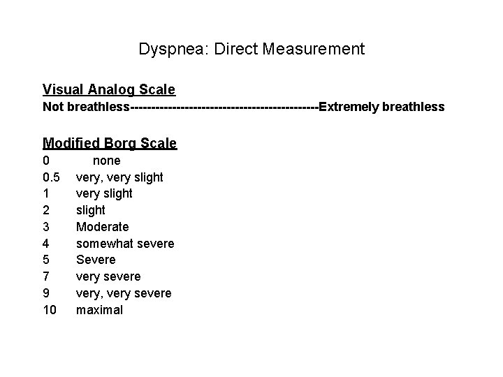 Dyspnea: Direct Measurement Visual Analog Scale Not breathless-----------------------Extremely breathless Modified Borg Scale 0 0.