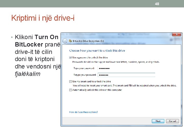 48 Kriptimi i një drive-i • Klikoni Turn On Bit. Locker pranë drive-it të