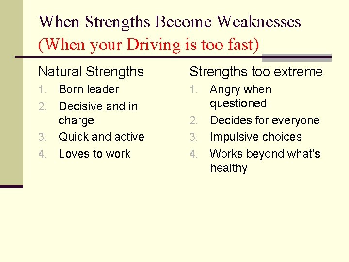 When Strengths Become Weaknesses (When your Driving is too fast) Natural Strengths too extreme