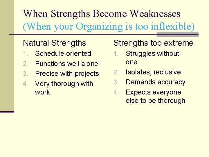 When Strengths Become Weaknesses (When your Organizing is too inflexible) Natural Strengths too extreme