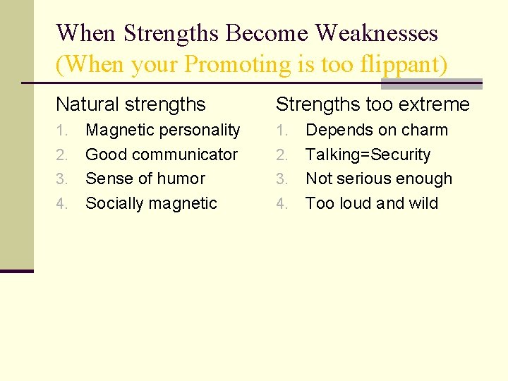 When Strengths Become Weaknesses (When your Promoting is too flippant) Natural strengths Strengths too