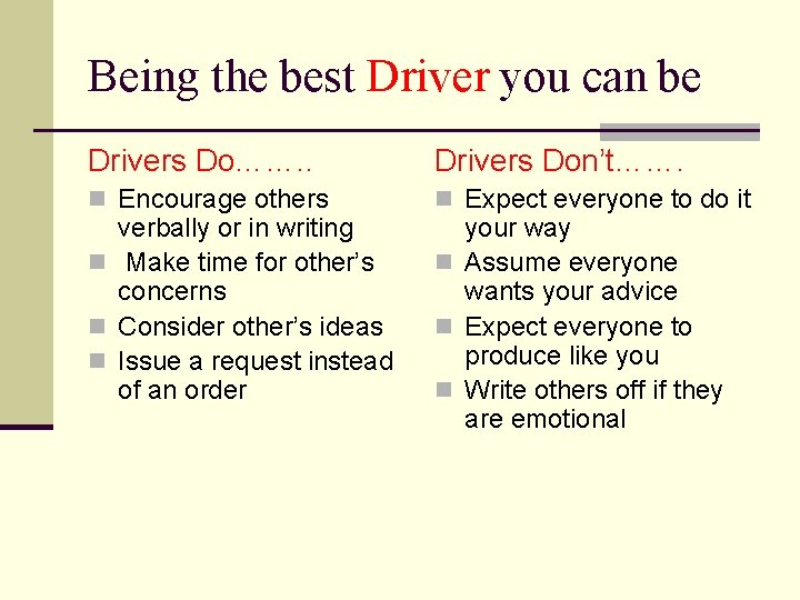 Being the best Driver you can be Drivers Do……. . Drivers Don’t……. n Encourage