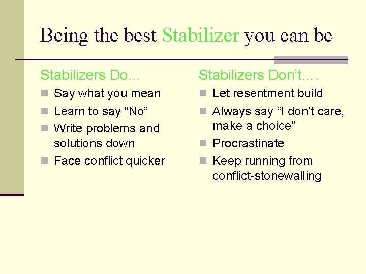 Being the best Stabilizer you can be Stabilizers Do… Stabilizers Don’t…. n Say what