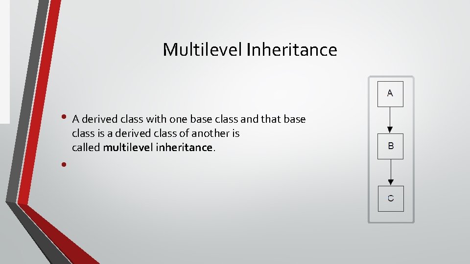  Multilevel Inheritance • A derived class with one base class and that base
