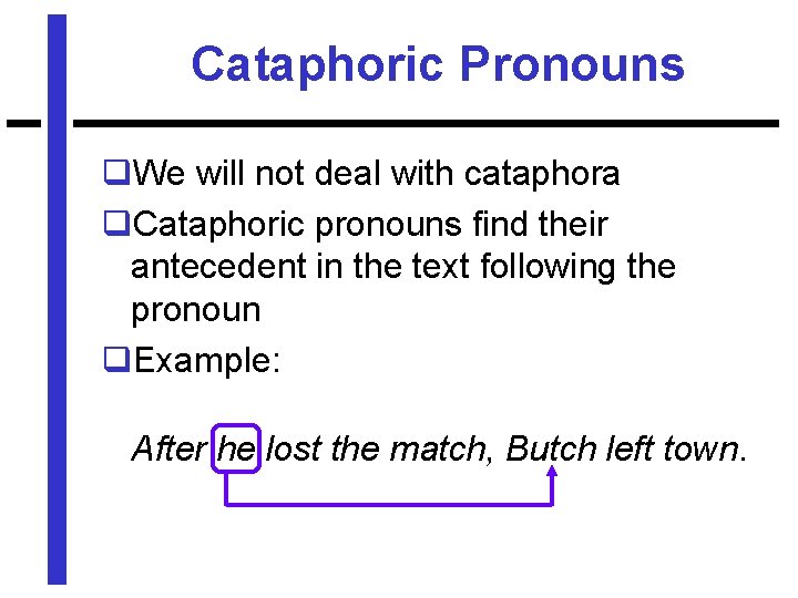 Cataphoric Pronouns q. We will not deal with cataphora q. Cataphoric pronouns find their