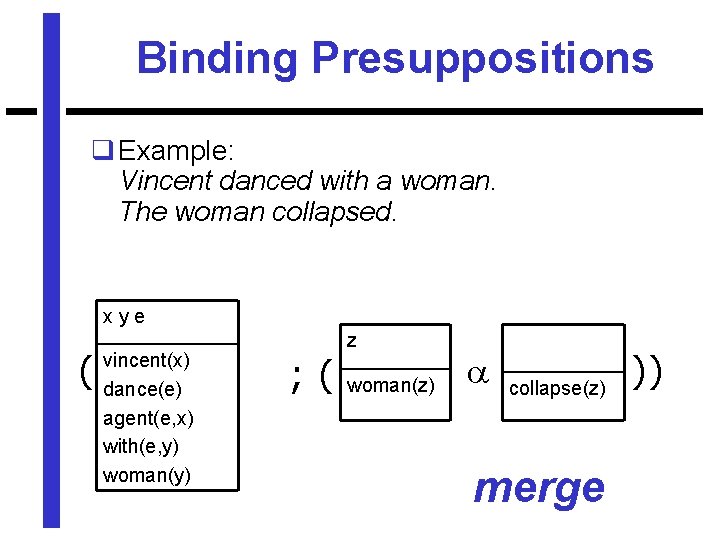 Binding Presuppositions q Example: Vincent danced with a woman. The woman collapsed. xye (