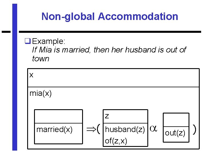 Non-global Accommodation q Example: If Mia is married, then her husband is out of