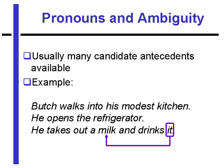 Pronouns and Ambiguity q. Usually many candidate antecedents available q. Example: Butch walks into