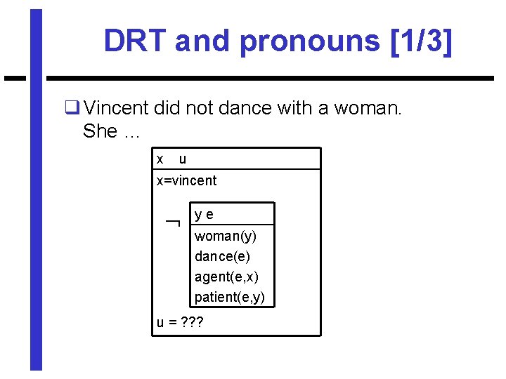 DRT and pronouns [1/3] q Vincent did not dance with a woman. She …