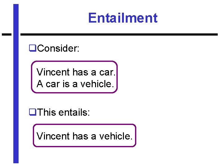 Entailment q. Consider: Vincent has a car. A car is a vehicle. q. This