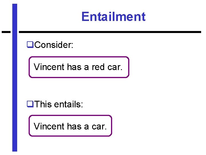 Entailment q. Consider: Vincent has a red car. q. This entails: Vincent has a