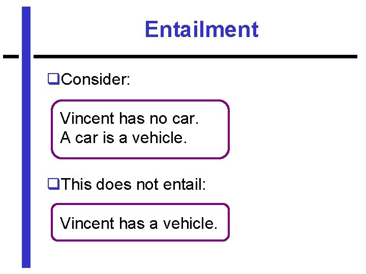 Entailment q. Consider: Vincent has no car. A car is a vehicle. q. This