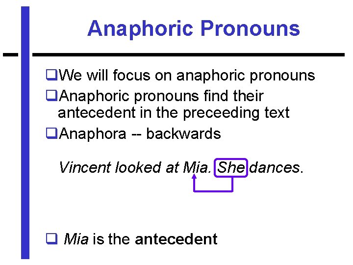 Anaphoric Pronouns q. We will focus on anaphoric pronouns q. Anaphoric pronouns find their