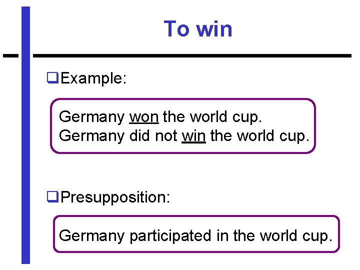 To win q. Example: Germany won the world cup. Germany did not win the