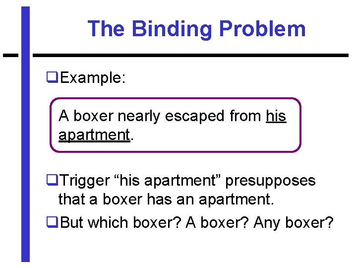 The Binding Problem q. Example: A boxer nearly escaped from his apartment. q. Trigger