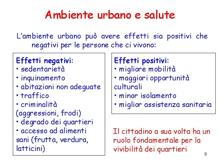 Ambiente urbano e salute L’ambiente urbano può avere effetti sia positivi che negativi per