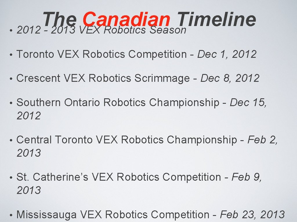 The Canadian Timeline • 2012 - 2013 VEX Robotics Season • Toronto VEX Robotics