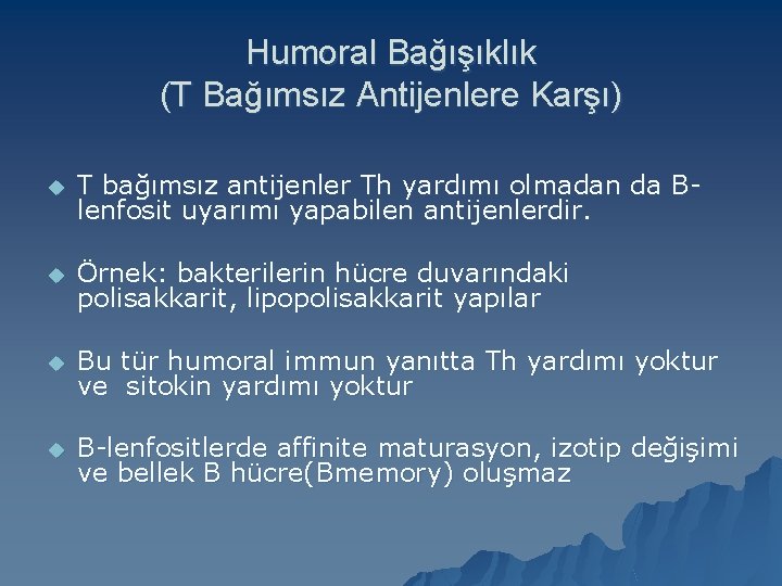 Humoral Bağışıklık (T Bağımsız Antijenlere Karşı) u T bağımsız antijenler Th yardımı olmadan da
