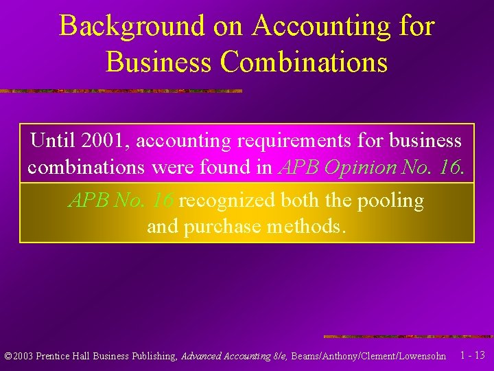 Background on Accounting for Business Combinations Until 2001, accounting requirements for business combinations were