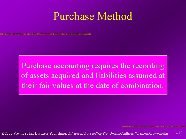 Purchase Method Purchase accounting requires the recording of assets acquired and liabilities assumed at