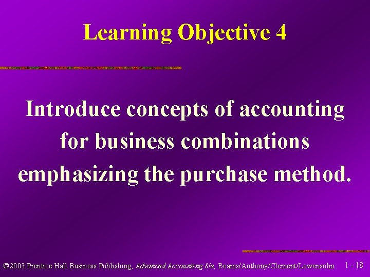 Learning Objective 4 Introduce concepts of accounting for business combinations emphasizing the purchase method.