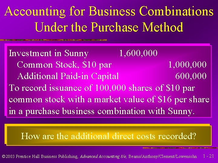 Accounting for Business Combinations Under the Purchase Method Investment in Sunny 1, 600, 000