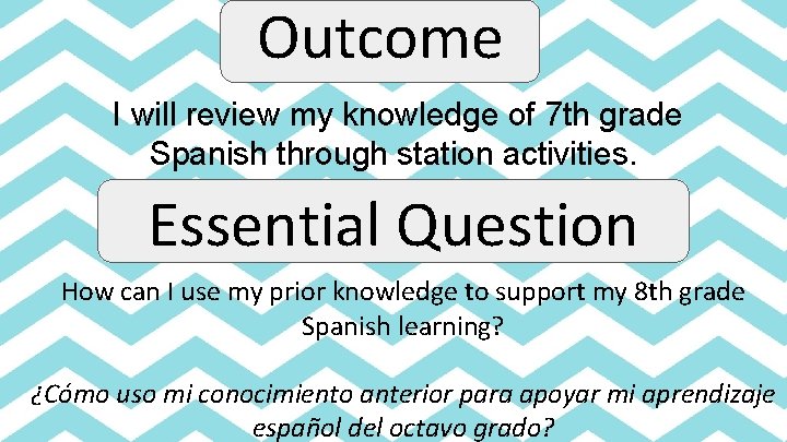 Outcome I will review my knowledge of 7 th grade Spanish through station activities.