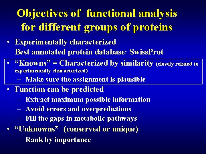 Objectives of functional analysis for different groups of proteins • Experimentally characterized Best annotated Objectives of functional analysis for different groups of proteins • Experimentally characterized Best annotated