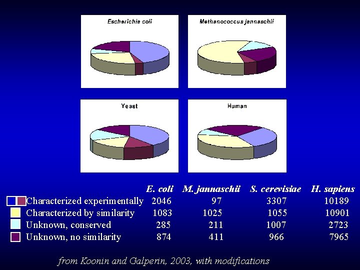E. coli M. jannaschii S. cerevisiae H. sapiens Characterized experimentally 2046 97 3307 10189 E. coli M. jannaschii S. cerevisiae H. sapiens Characterized experimentally 2046 97 3307 10189