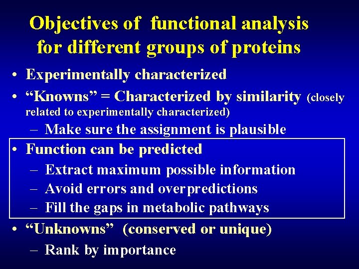 Objectives of functional analysis for different groups of proteins • Experimentally characterized • “Knowns” Objectives of functional analysis for different groups of proteins • Experimentally characterized • “Knowns”