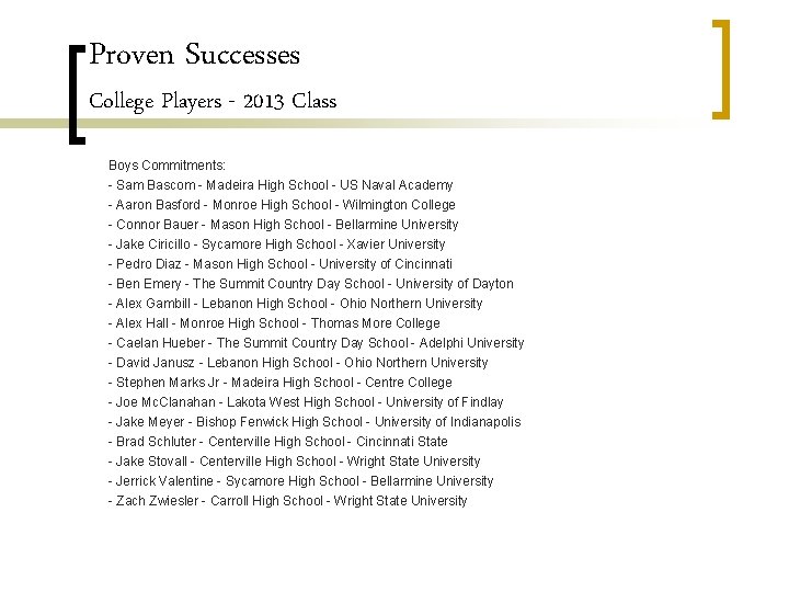 Proven Successes College Players - 2013 Class Boys Commitments: - Sam Bascom - Madeira