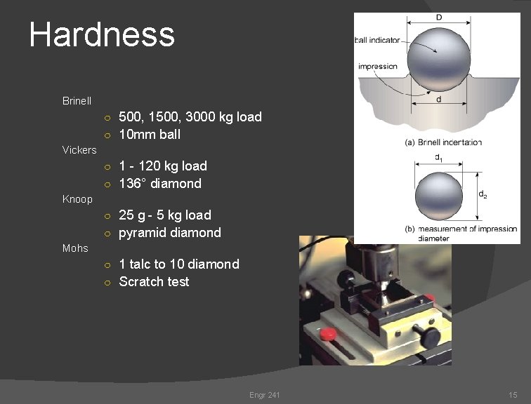Hardness Brinell ○ 500, 1500, 3000 kg load ○ 10 mm ball Vickers ○