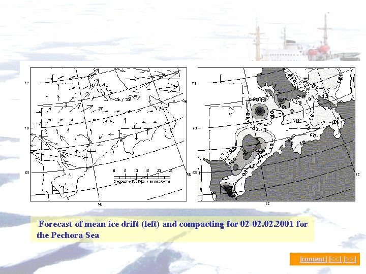 Forecast of mean ice drift (left) and compacting for 02 -02. 2001 for the