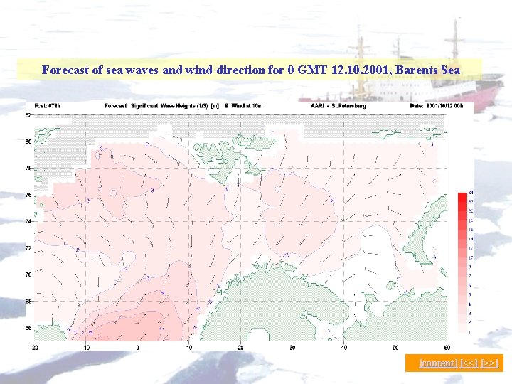 Forecast of sea waves and wind direction for 0 GMT 12. 10. 2001, Barents