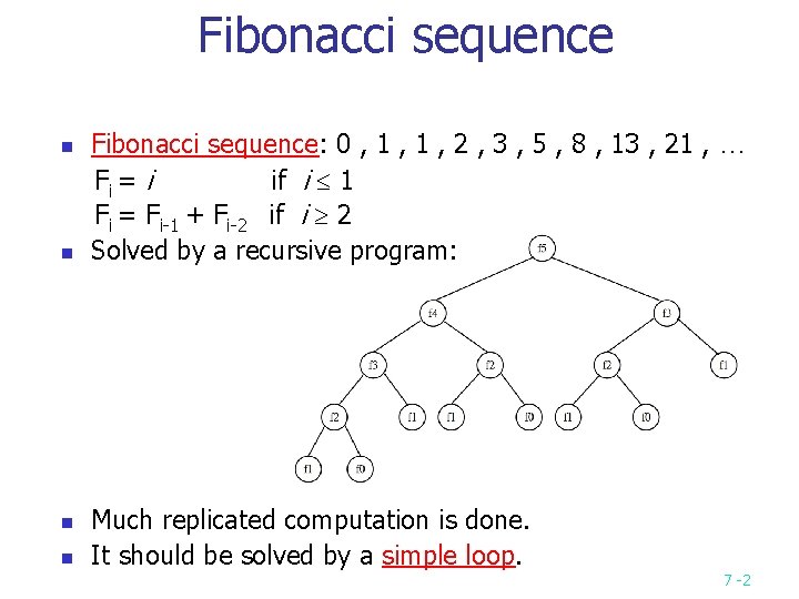 Fibonacci sequence n n Fibonacci sequence: 0 , 1 , 2 , 3 ,